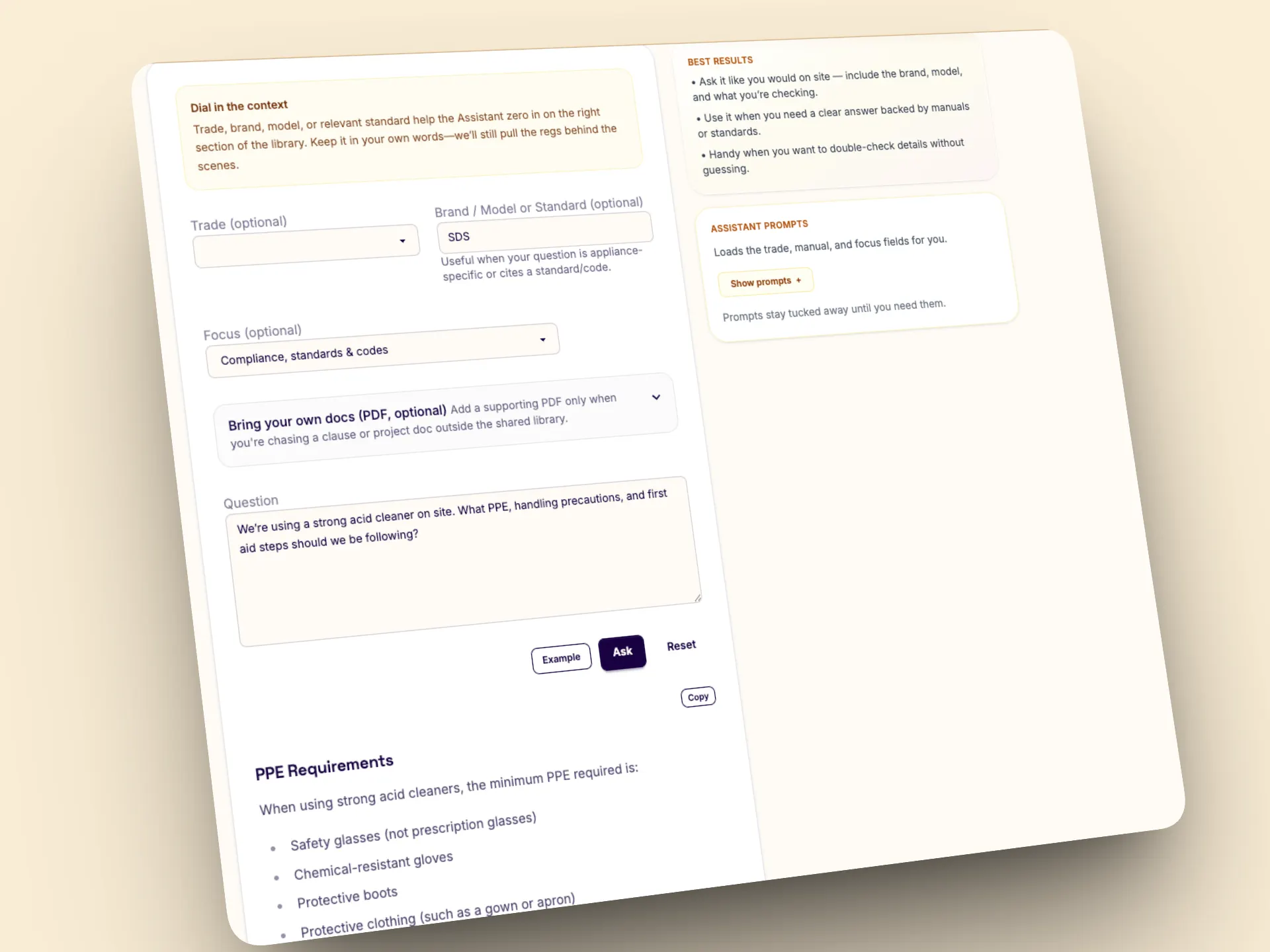 Tradie Assistant Smart Assistant referencing product manuals